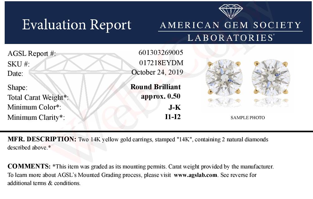 AGS Certified 1/2 Cttw Round Brilliant-Cut Diamond 14K Yellow Gold Classic 4-Prong Solitaire Stud Earrings (J-K Color, I1-I2 Clarity)