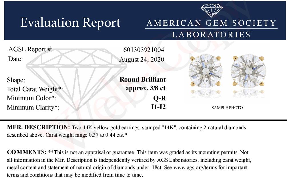 AGS Certified 0.40 Cttw Round Brilliant-Cut Diamond 14K Yellow Gold Classic 4-Prong Solitaire Stud Earrings (L-M Color, I1-I2 Clarity)