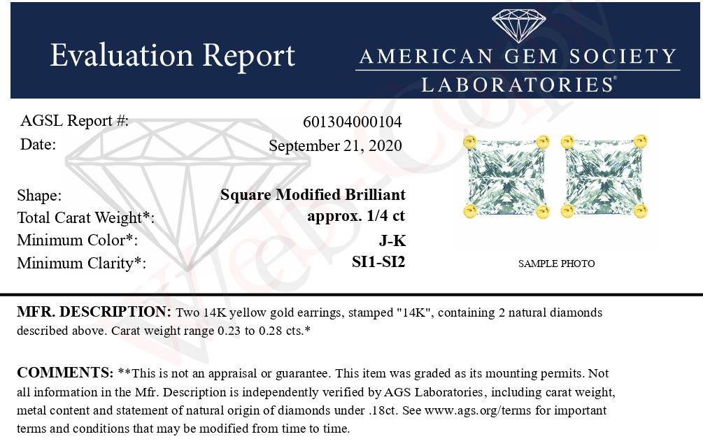 AGS Certified Princess-Cut Square Diamond Solitaire Stud Earrings in 14K Gold (J-K Color, SI1-SI2 Clarity)