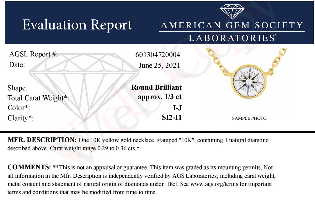 AGS Certified 10K Yellow Gold 1/3 Cttw Bezel Set Round Diamond Solitaire 16-18" Adjustable Pendant Necklace (I-J Color, SI2-I1 Clarity)