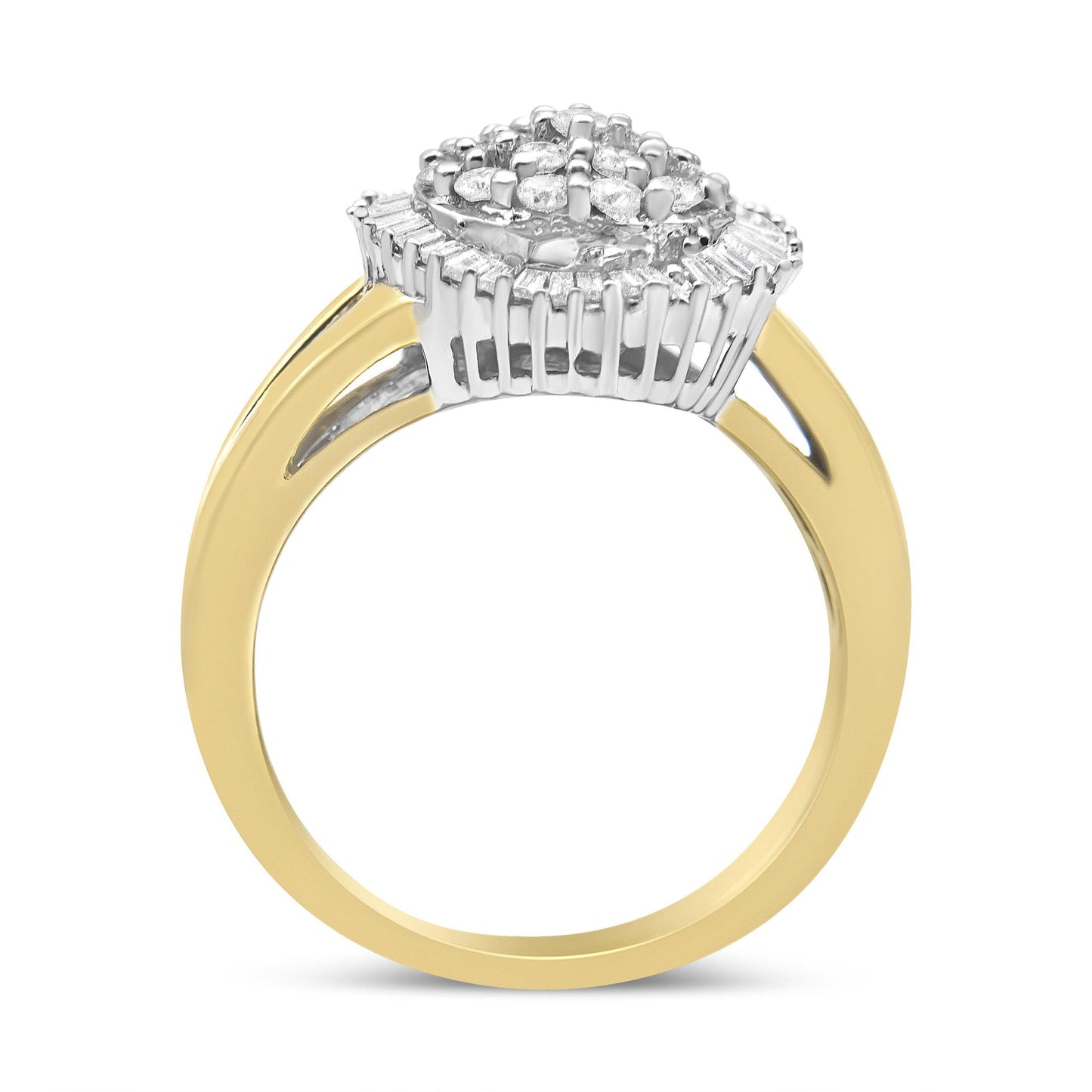 14K Yellow and White Gold 1.00 Cttw Round and Baguette-Cut Diamond Ballerina Cocktail Ring (H-I Color, SI2-I1 Clarity)