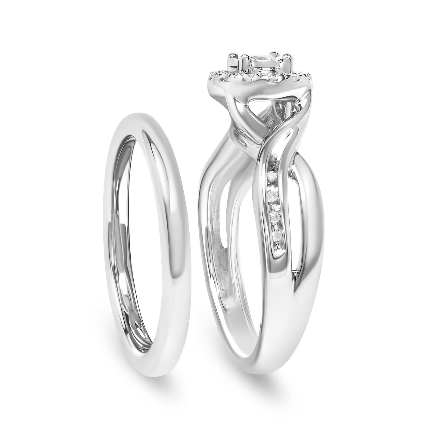 .925 Sterling Silver 1/7 Cttw Diamond Halo Bypass Engagement Ring and Wedding Band Set (I-J Color, I3 Clarity)