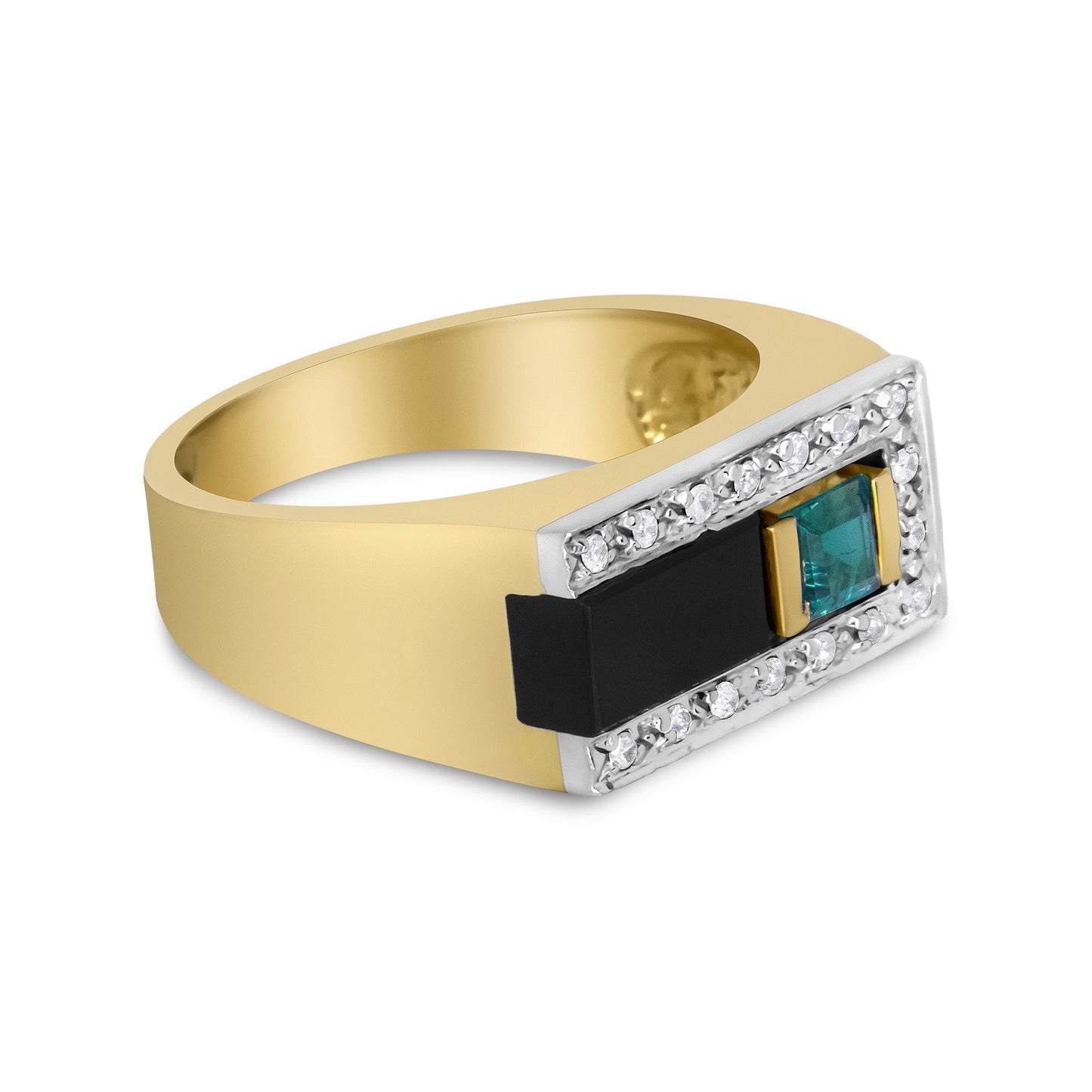 14K Yellow Gold 1/6 Cttw Round Diamond And Princess Emerald with Onyx Gemstone Gent's Band (H-I Color, I2 Clarity)