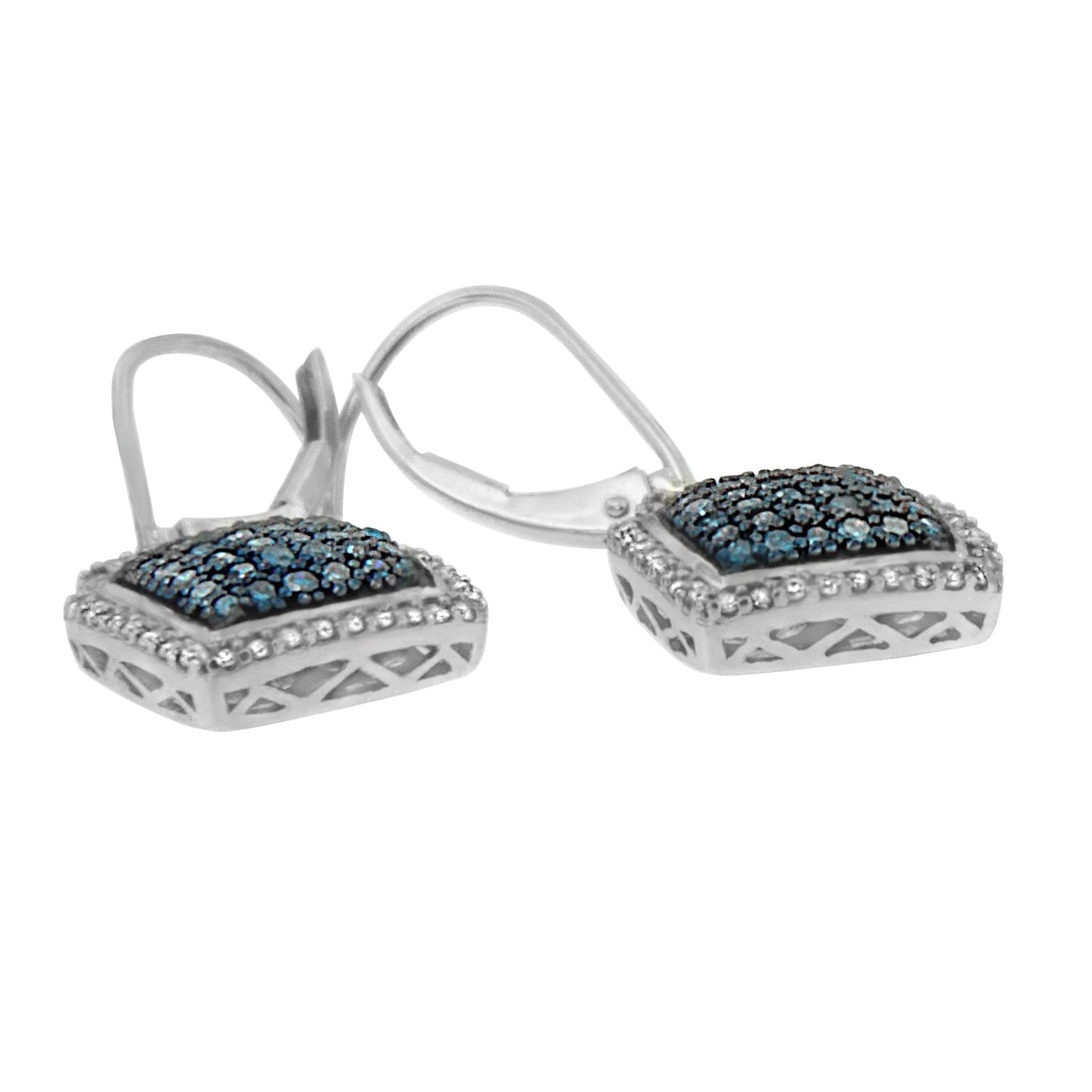 Black Rhodium over .925 Sterling Silver ¾ Cttw Blue and White Diamond Cushion Shaped Dangle Earrings (Enhanced Blue & I-J Color, I2-I3 Clarity)