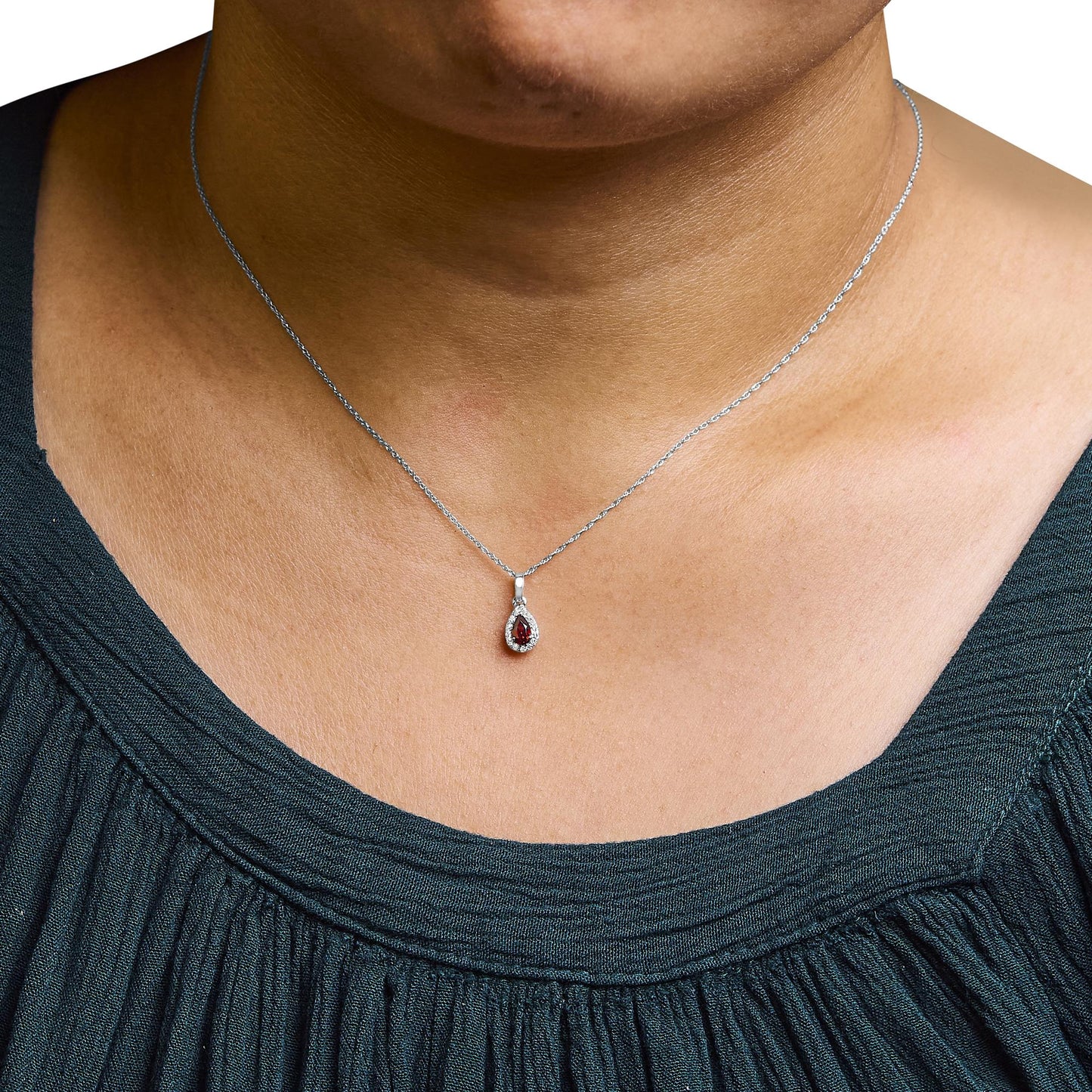 10K White Gold 5x3mm Gemstone and Diamond Accent Halo Pear Shape 18" Pendant Necklace (I-J Color, I1-I2 Clarity)