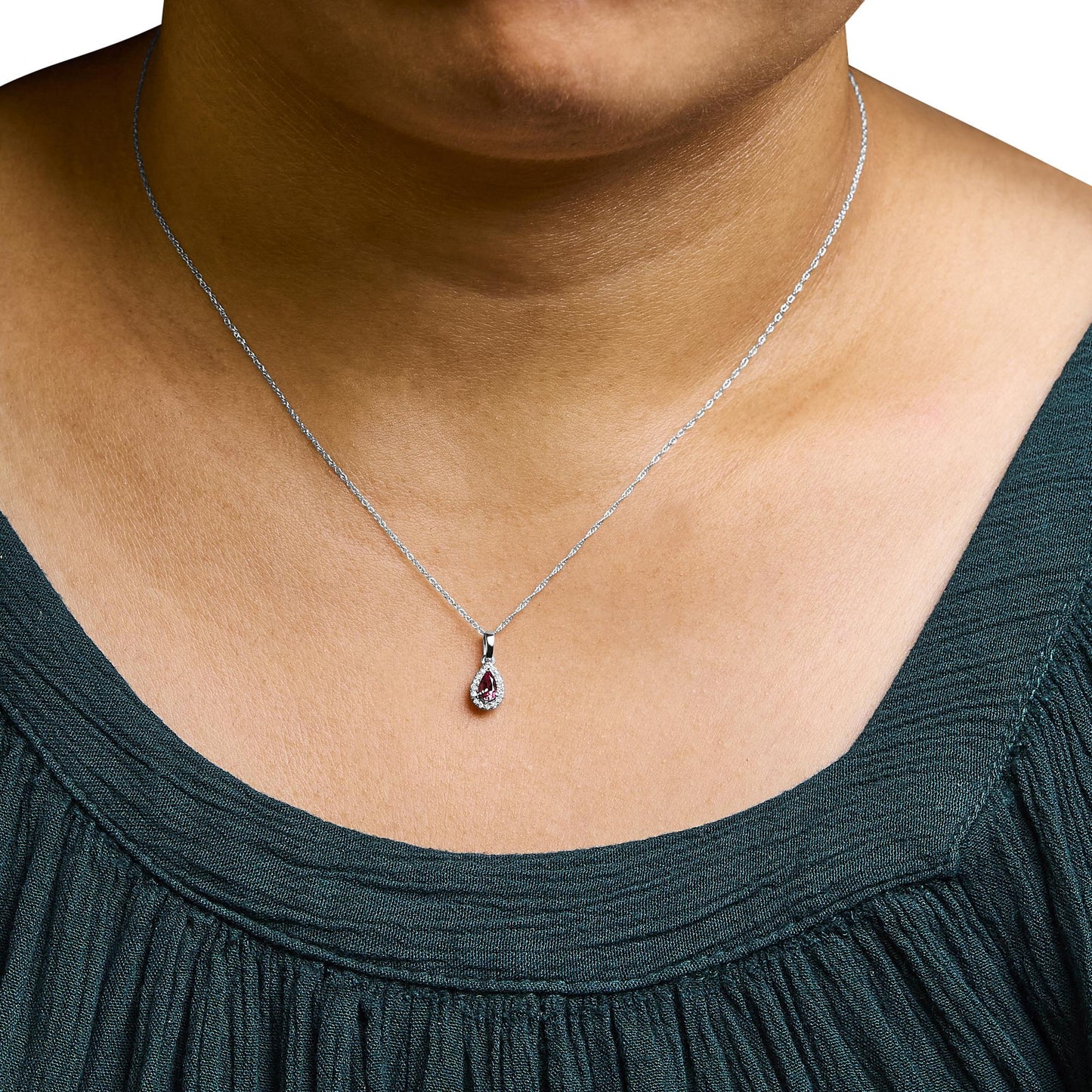 10K White Gold 5x3mm Gemstone and Diamond Accent Halo Pear Shape 18" Pendant Necklace (I-J Color, I1-I2 Clarity)