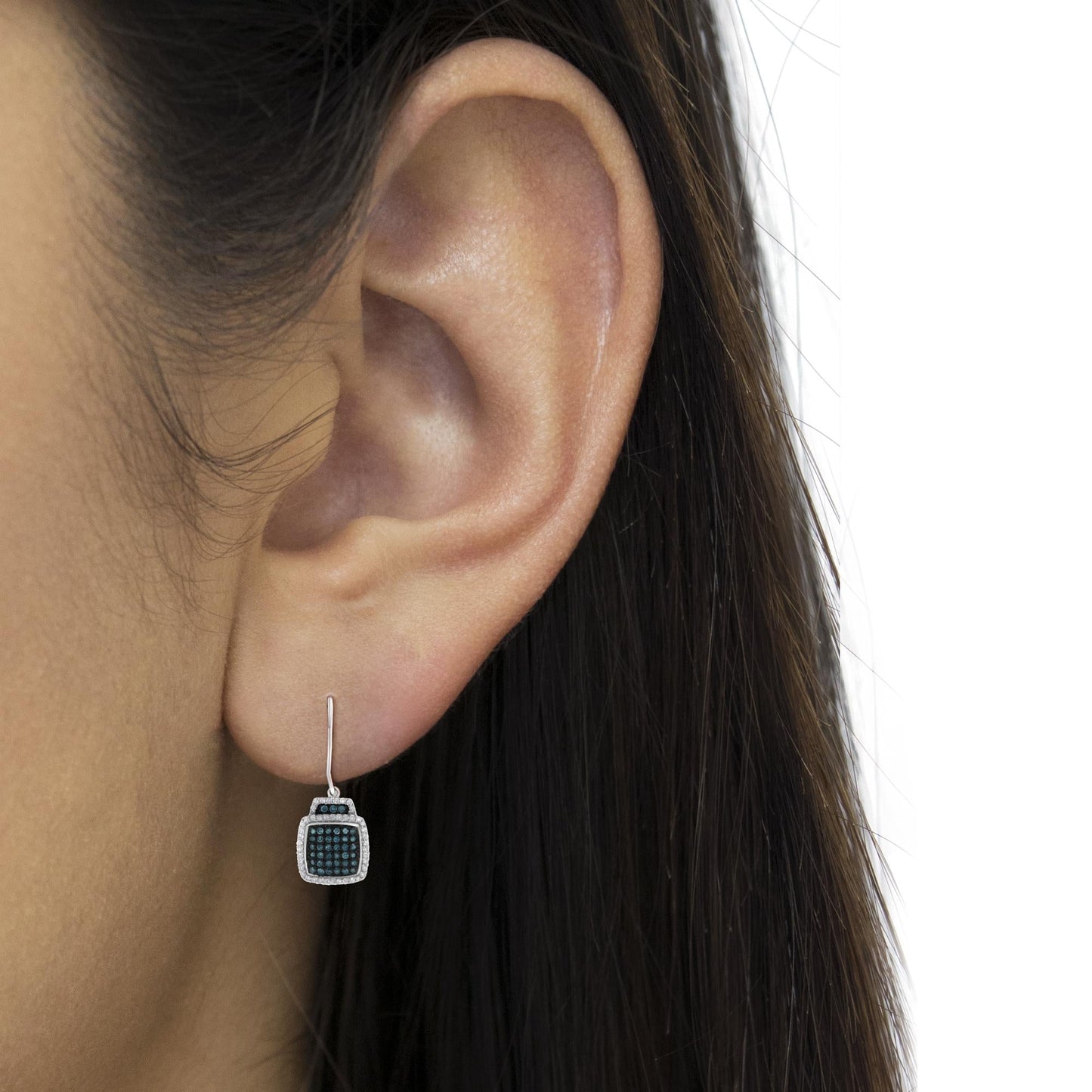 Black Rhodium over .925 Sterling Silver ¾ Cttw Blue and White Diamond Cushion Shaped Dangle Earrings (Enhanced Blue & I-J Color, I2-I3 Clarity)