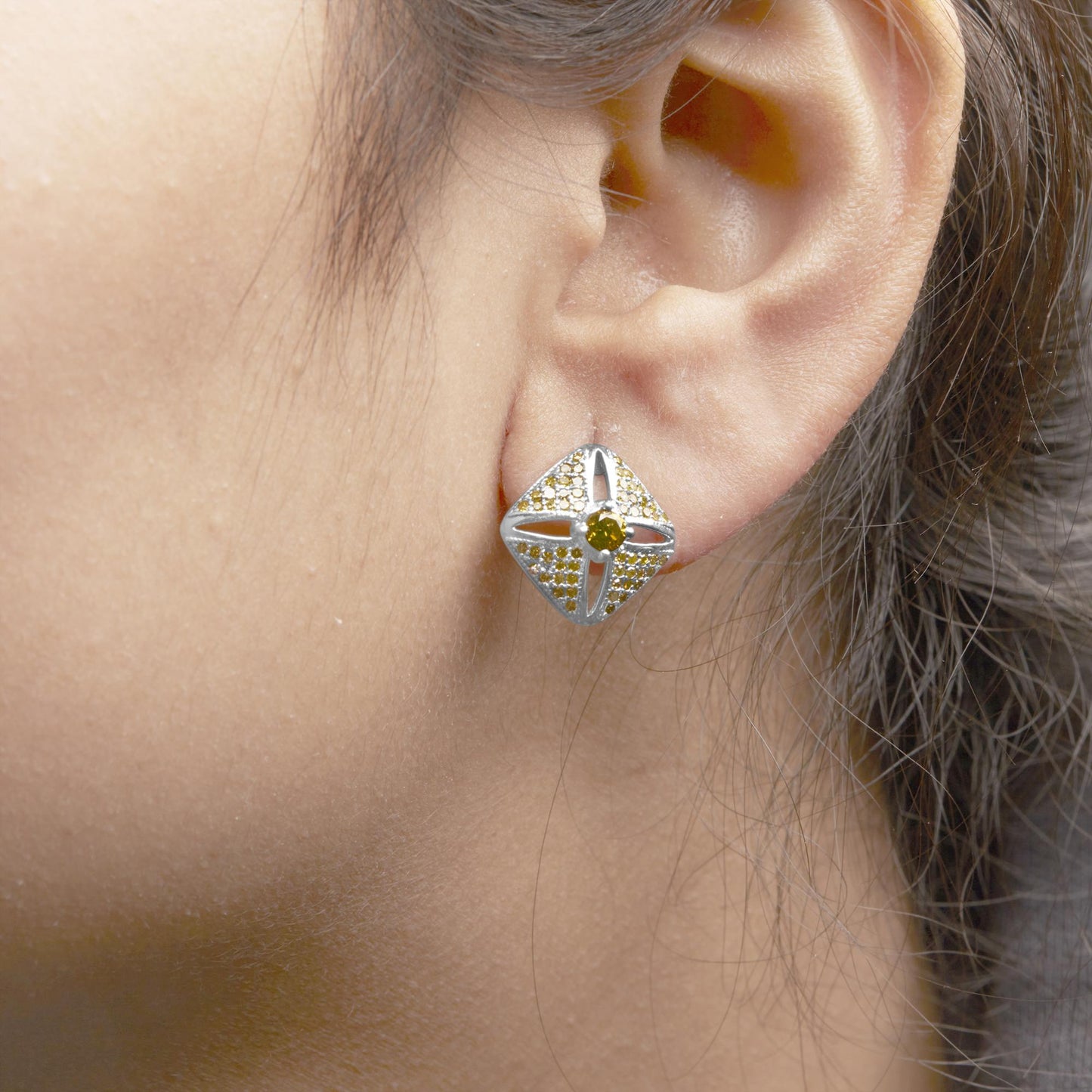 .925 Sterling Silver 1.0 Cttw Yellow Diamond Studded Rhombus Stud Earring (Yellow Color, I2-I3 Clarity)