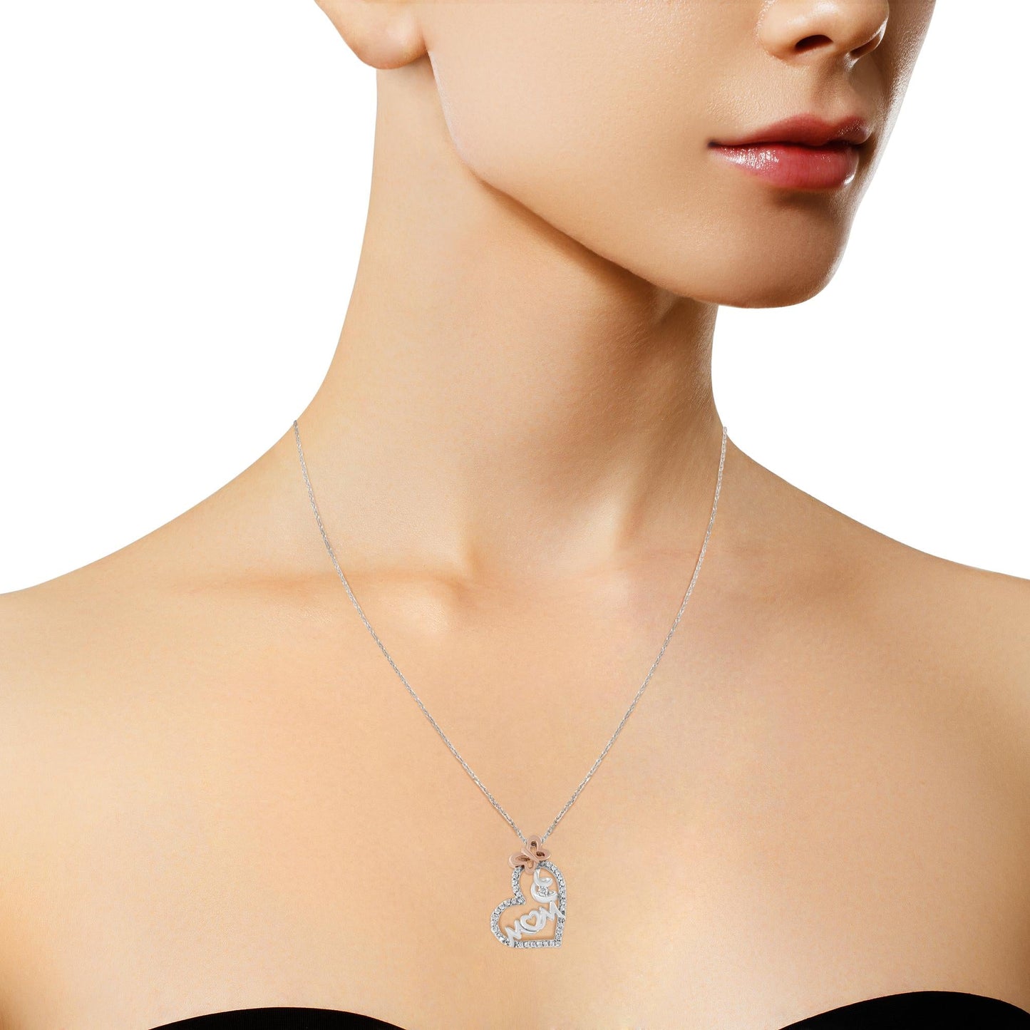 Two Tone .925 Sterling Silver 1/5 cttw Diamond "Mom" and Heart Pendant Necklace (H-I, I1-I2)