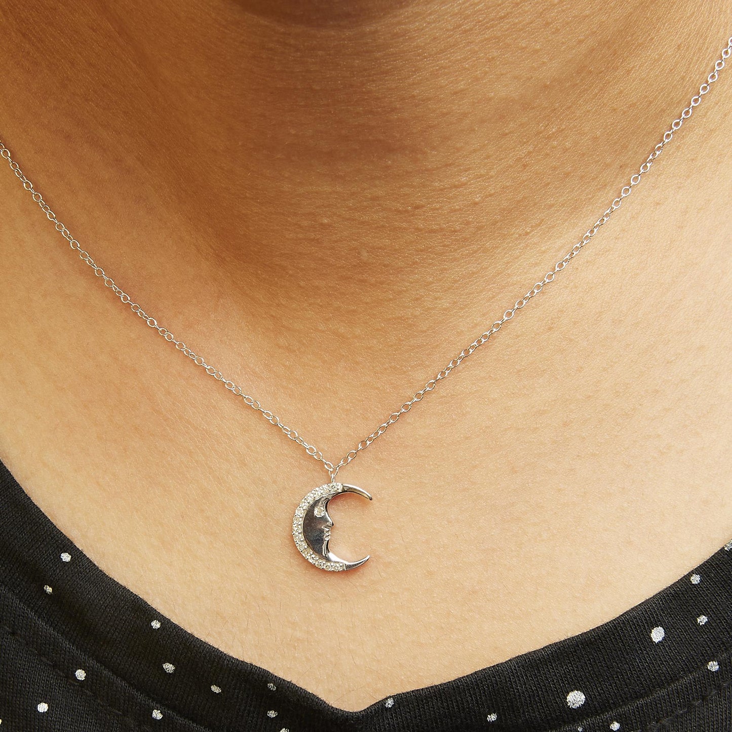 .925 Sterling Silver 1/10ct Diamond Crescent Man on the Moon 18" Pendant Necklace (H-I Color, SI1-SI2 Clarity)