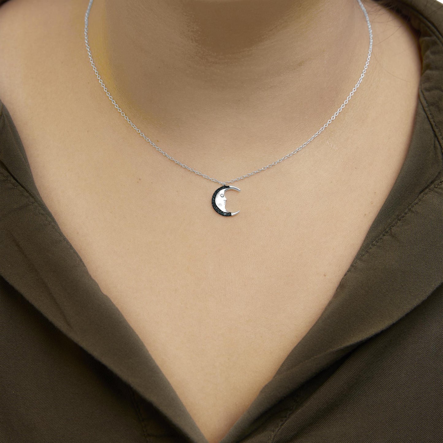 .925 Sterling Silver 1/10ct Blue Diamond Crescent Man on the Moon 18" Pendant Necklace (Blue Color, SI1-SI2 Clarity)