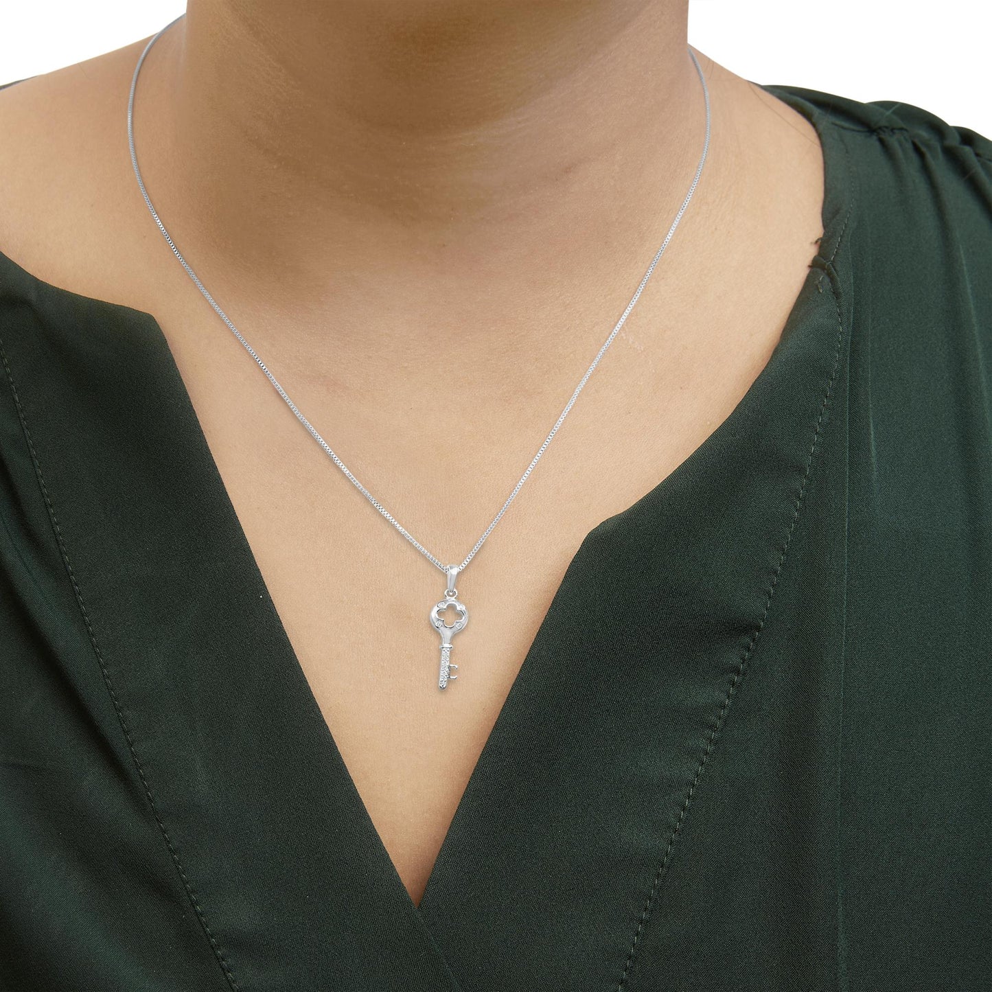 .925 Sterling Silver Diamond Accent Key Pendant Necklace (I-J Color, I2-I3 Clarity) - 18" Inches