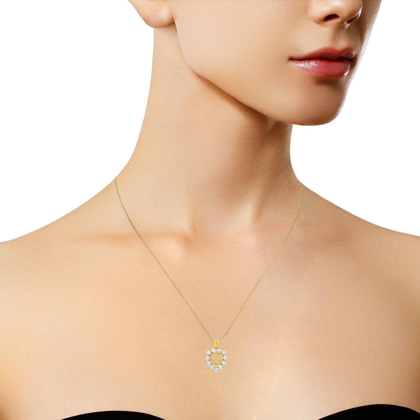 10K Yellow Gold Plated .925 Sterling Silver 1.00 Cttw Diamond Halo Open Heart 18" Pendant Necklace (L-M Color, I1-I2 Clarity)