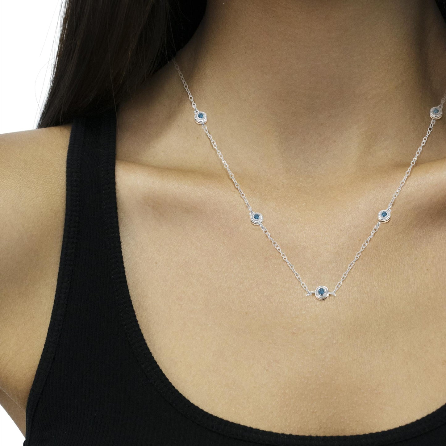 Sterling Silver Treated Blue Color Diamond Station Necklace (1/2 cttw, Blue Color, I2-I3 Clarity)