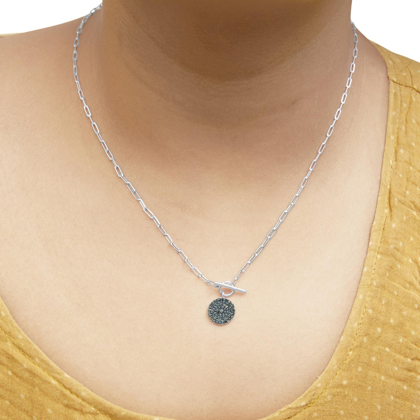 .925 Sterling Silver 3/8 Cttw Blue Diamond Medallion with Toggle Bale Paperclip Chain Pendant Necklace (Blue Color, SI1-SI2 Clarity) - 18" Inches