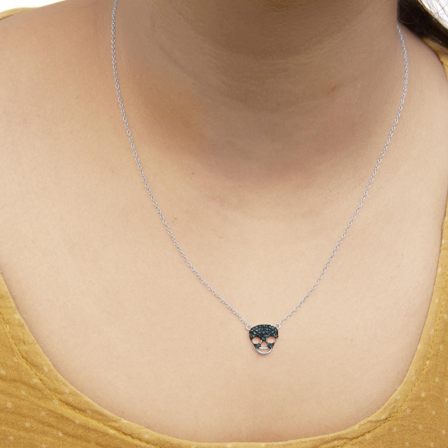 .925 Sterling Silver 1/7 Cttw Blue Diamond Skull Pendant Necklace (Blue Color, SI1-SI2 Clarity) - 18" Inches