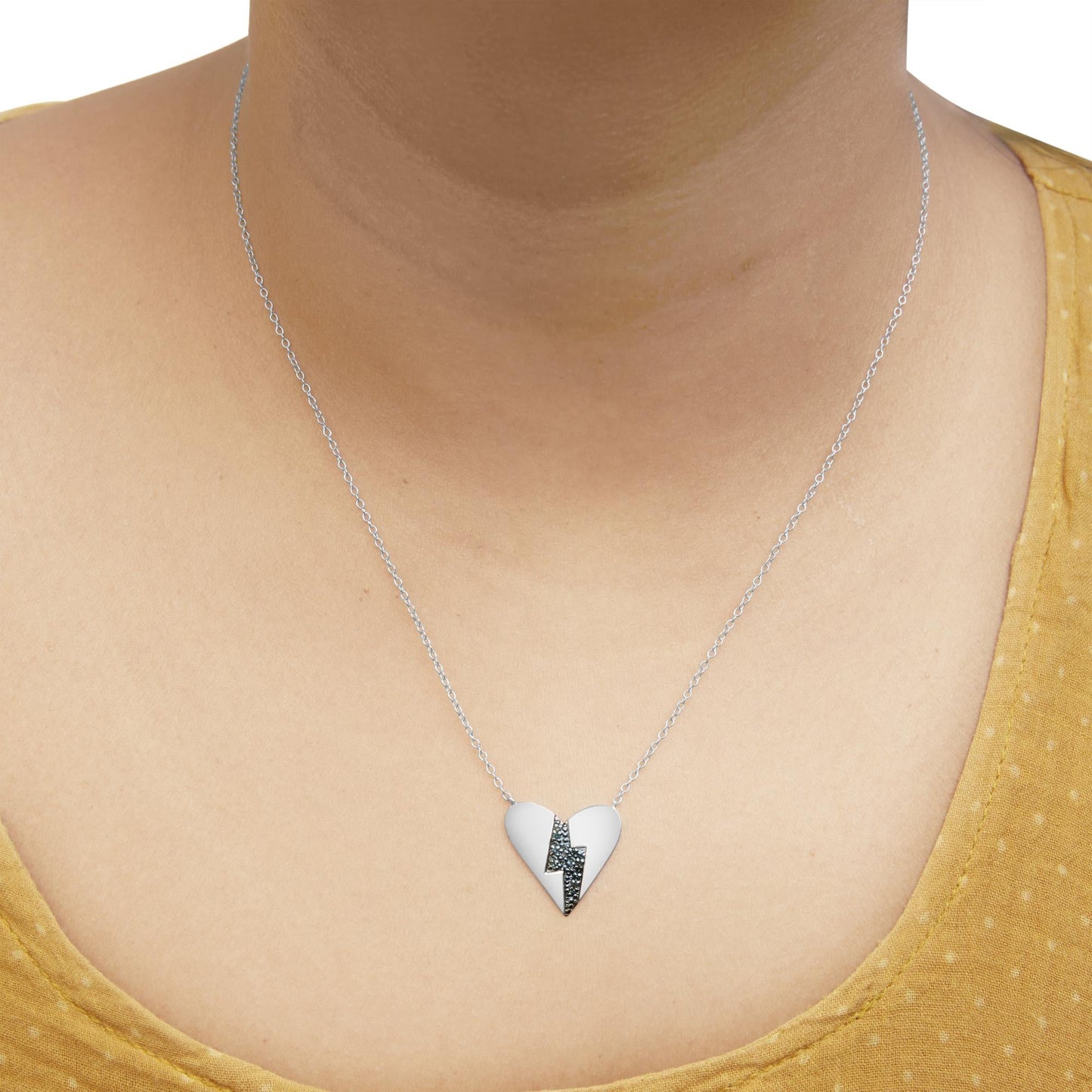 .925 Sterling Silver Blue Diamond Broken Heart Pendant Necklace (H-I Color, I1-I2 Clarity) - 18" Inches