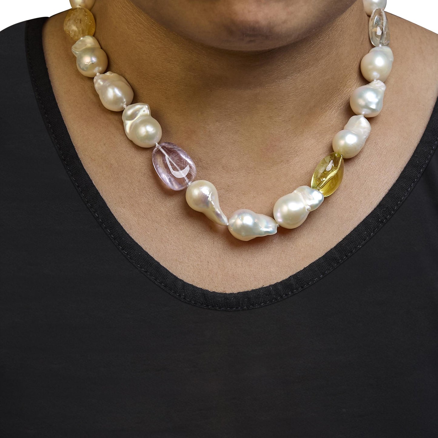 14K Yellow Citrine, Amethyst, and Baroque Pearl Strand Necklace - 18" Inches