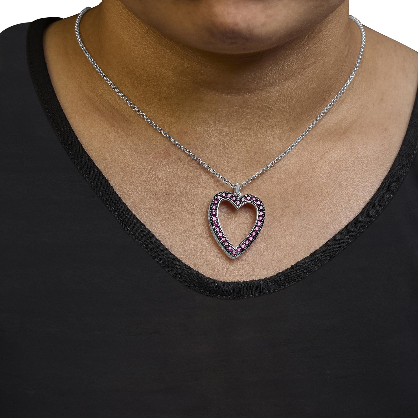 18K 1/3 Cttw Diamond and Red Ruby Open Heart with Black Rhodium 18" Pendant Necklace (G-H Color, VS2-SI1 Clarity)