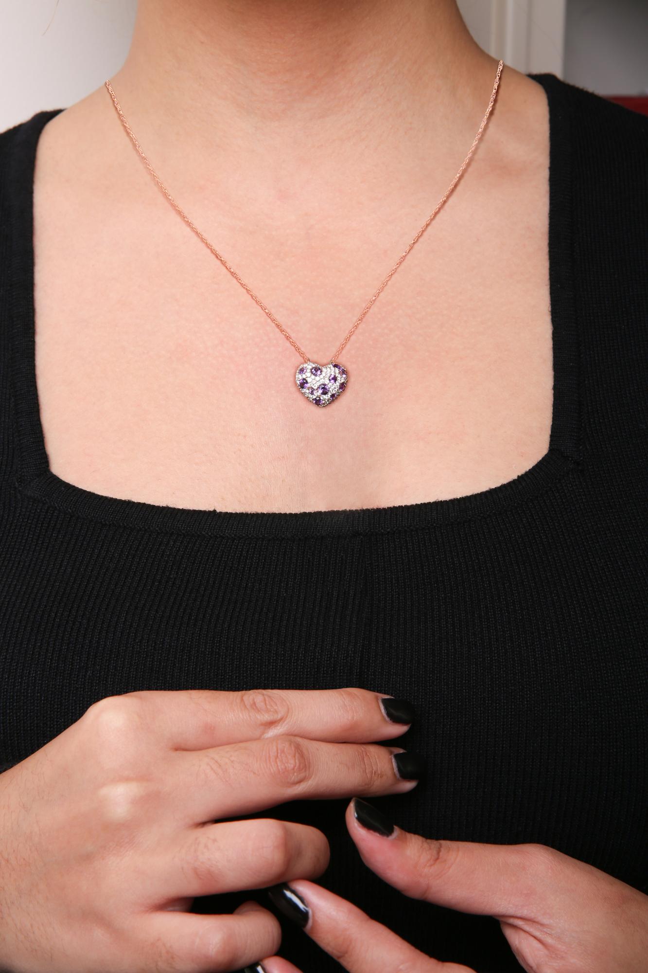 18K Rose Gold 3/4 Cttw Diamond and Purple Amethyst Cluster Heart Shape 18" Pendant Necklace (G-H Color, SI1-SI2 Clarity)