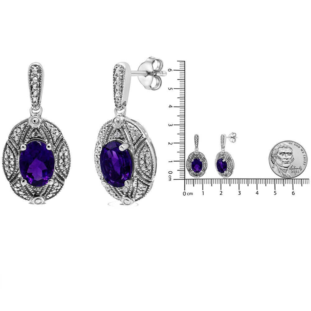 .925 Sterling Silver Diamond Accent and 8x6mm Purple Oval Amethyst Stud Earrings (I-J Color, I1-I2 Clarity)