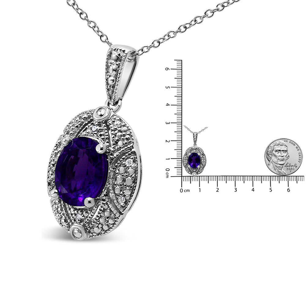 .925 Sterling Silver Diamond Accent and 9x7mm Purple Oval Amethyst Gemstone Pendant 18" Necklace (I-J Color, I1-I2 Clarity)