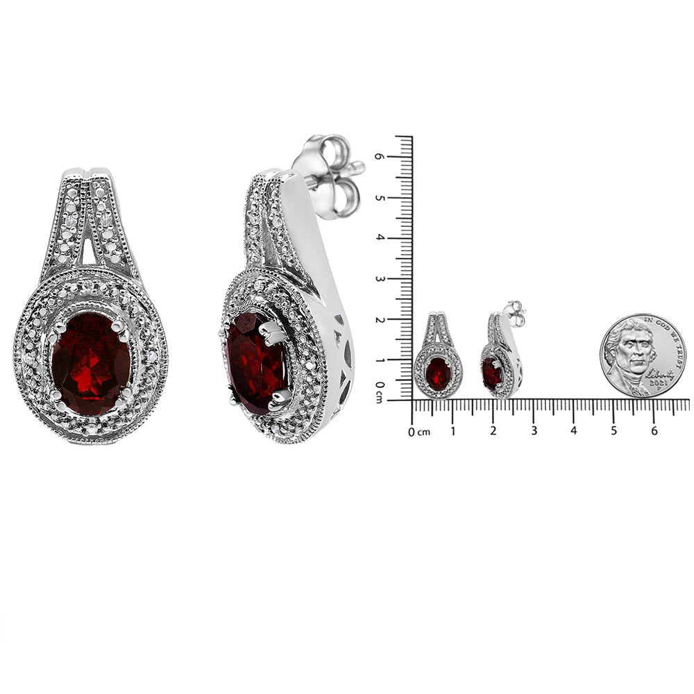 .925 Sterling Silver Diamond Accent and 8x6mm Red Oval Garnet Stud Earrings (I-J Color, I1-I2 Clarity)