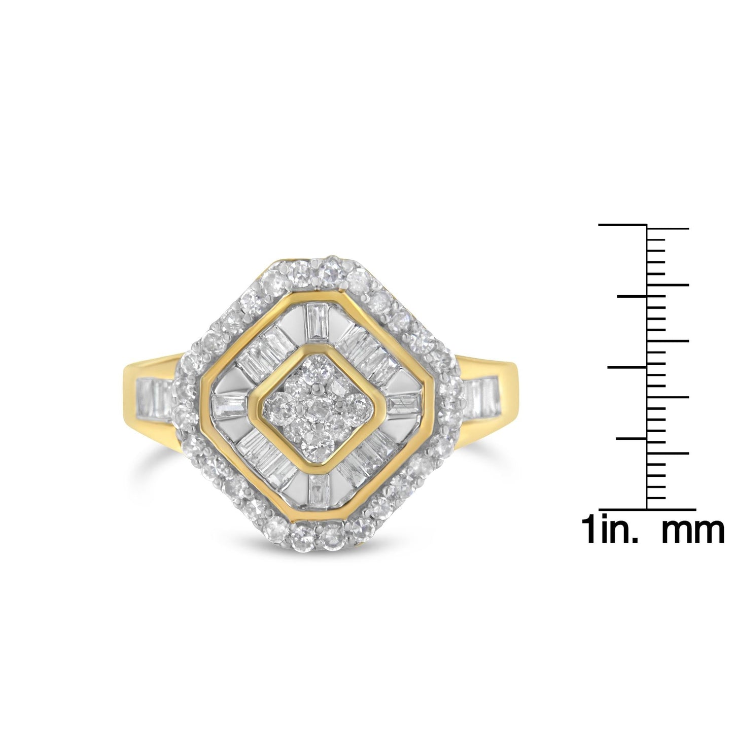 10K Yellow Gold Round and Baguette-Cut Diamond Cocktail Ring (1.0 Cttw, I-J Color, I1-I2 Clarity)