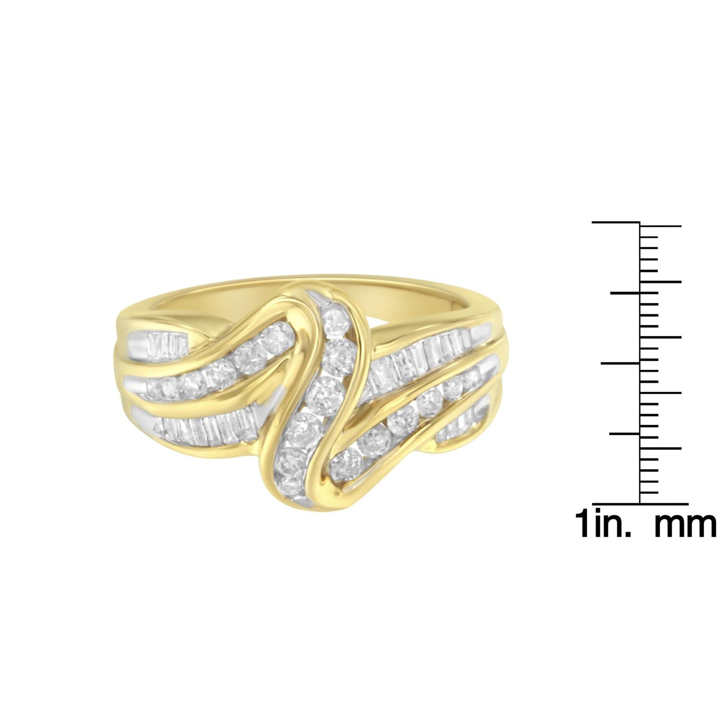 10K Yellow Gold 3/4 Cttw Channel Set Round and Baguette-cut Diamond Double Shank Bypass Ring (J-K Color, I1-I2 Clarity)