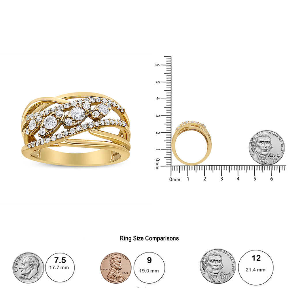 10K Yellow Gold 1/2 Cttw Round-Cut Multi Row Diamond Split Shank Cocktail Ring (H-I Color, SI2-I1 Clarity)