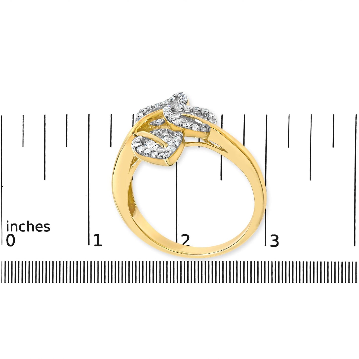 18K Yellow Gold Plated .925 Sterling Silver 1/2 Cttw Baguette and Round Diamond Bypass Triple Leaf Ring (I-J Color, I1-I2 Clarity)