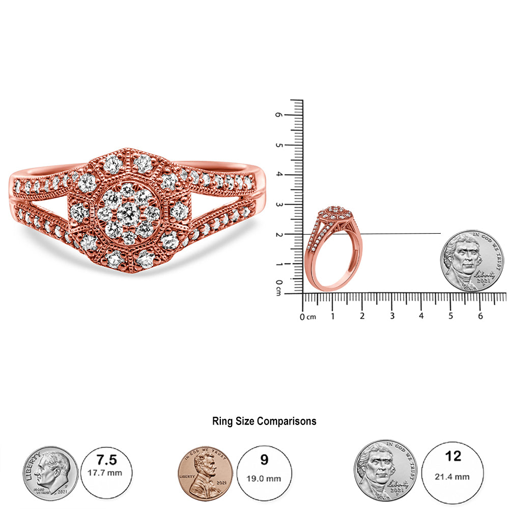 14K Rose Gold Plated .925 Sterling Silver 1/2 Cttw Pave Diamond Halo Cluster Split Shank Cocktail Ring (I-J Color, I1-I2 Clarity)