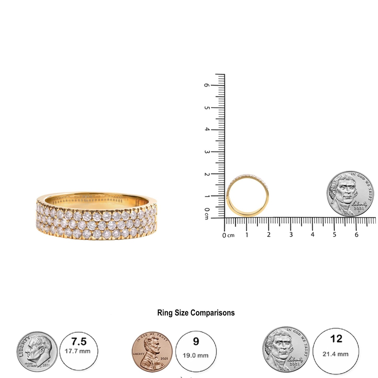 14K Yellow Gold Pave Set 3/4 cttw Multi Row Diamond Band Ring  (H-I Color, SI2-I1 Clarity)