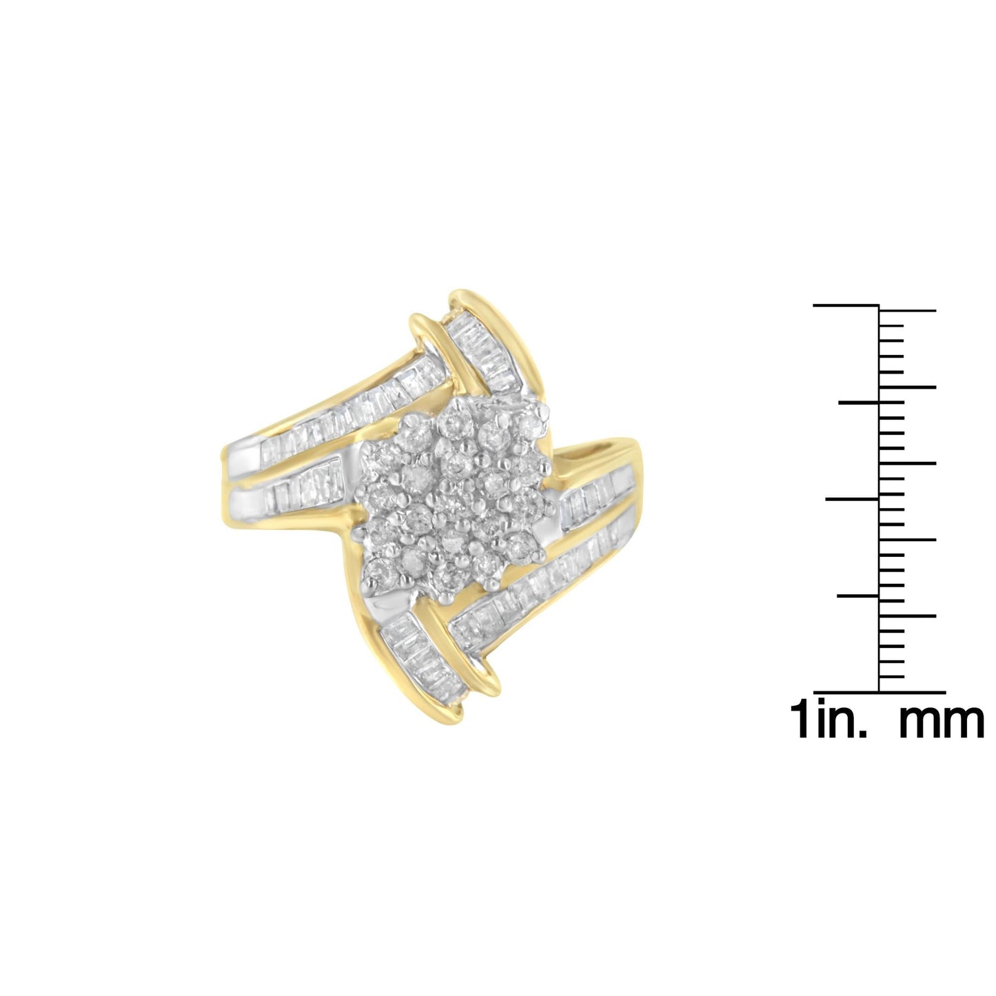 10K Yellow Gold Round and Baguette-Cut Diamond Bypass Cluster Ring (1.0 Cttw, I-J Color, I1-I2 Clarity)