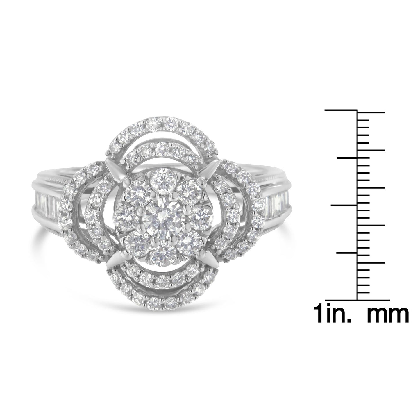 14K White Gold 1.0 Cttw Round & Baguette Cut Diamond Floral Cluster Quatrefoil Channel Set Band Cocktail Statement Ring (H-I Color, SI2-I1 Clarity)