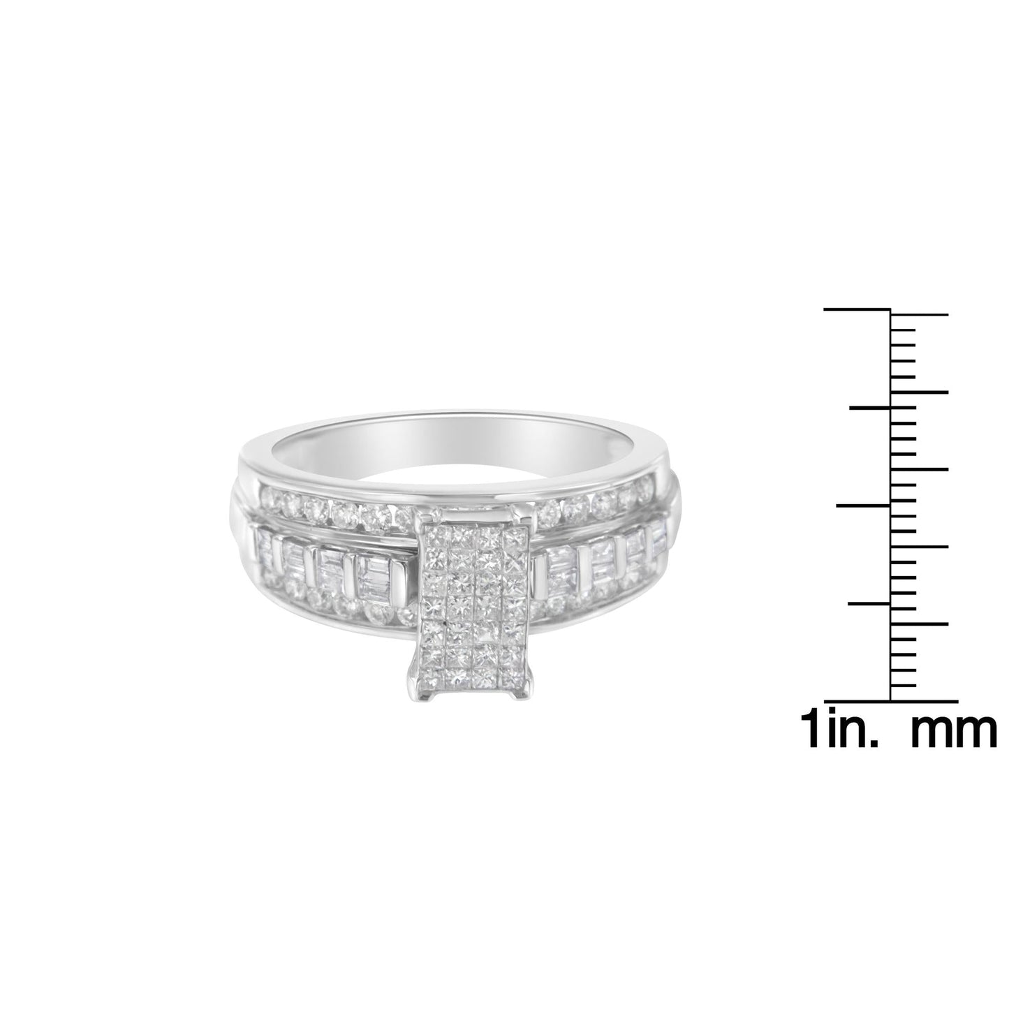 14K White Gold 1.0 Cttw Mixed-Cut Diamond Rectangle Invisible-Set Composite Cluster Ring with Bar- and Channel-Set Band (H-I Color, SI2-I1 Clarity)