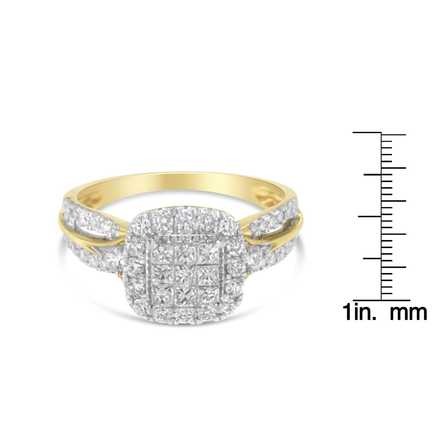 10K Yellow Gold 1.0 Cttw Diamond Composite Cushion-Shape Halo 3-Band-Look Engagement Ring (H-I Color, SI1-SI2 Clarity)