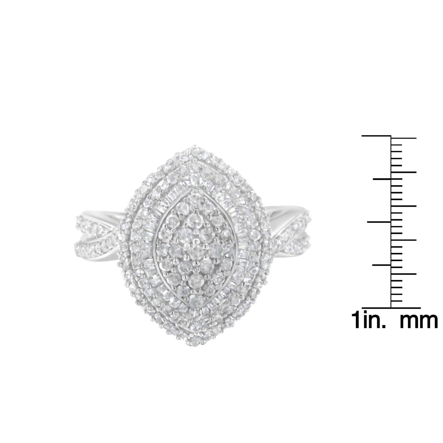 .925 Sterling Silver 1.0 Cttw Round & Baguette-Cut Diamond Marquise-Shaped Cluster Triple Stepped Halo Cocktail Fashion Ring (I-J Color, I2-I3 Clarity)