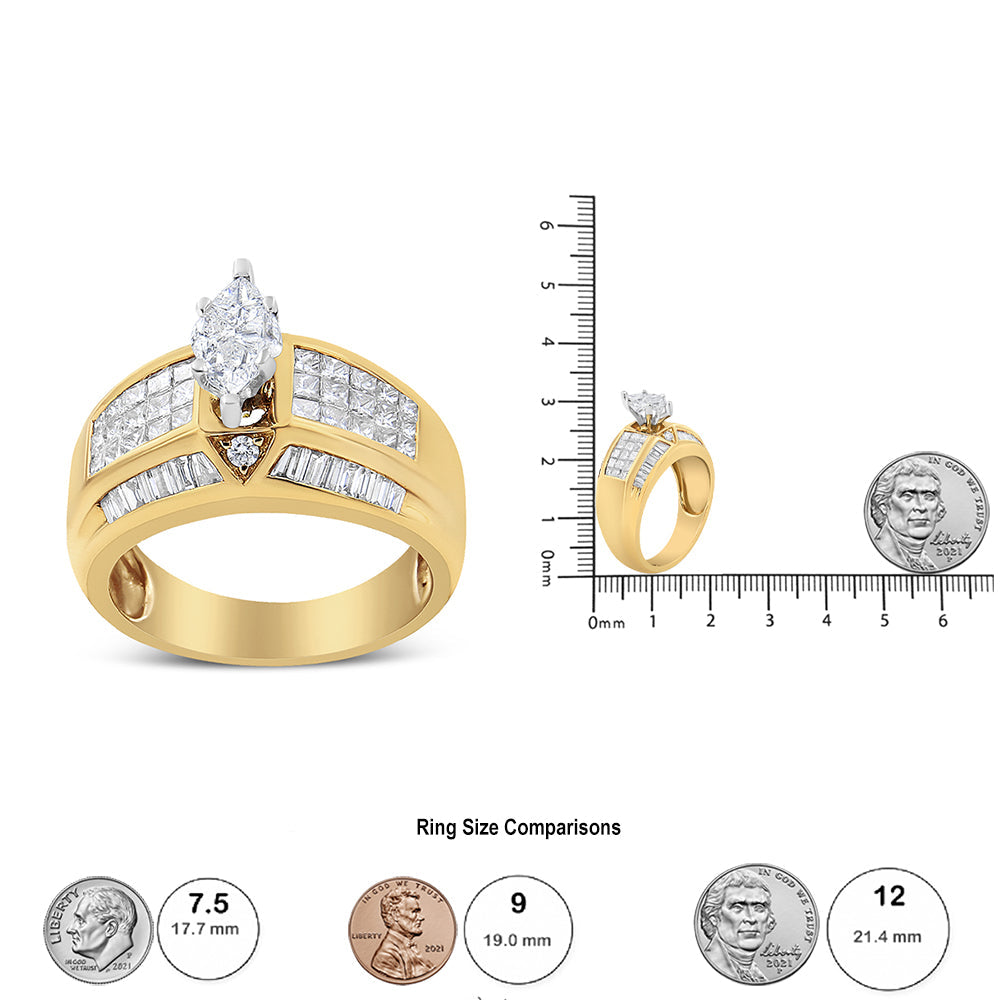 14K Yellow and White Gold 1 3/4 Cttw Round, Baguette, Princess and Pie-Cut Diamond Ring (H-I Color, SI1-SI2 Clarity)