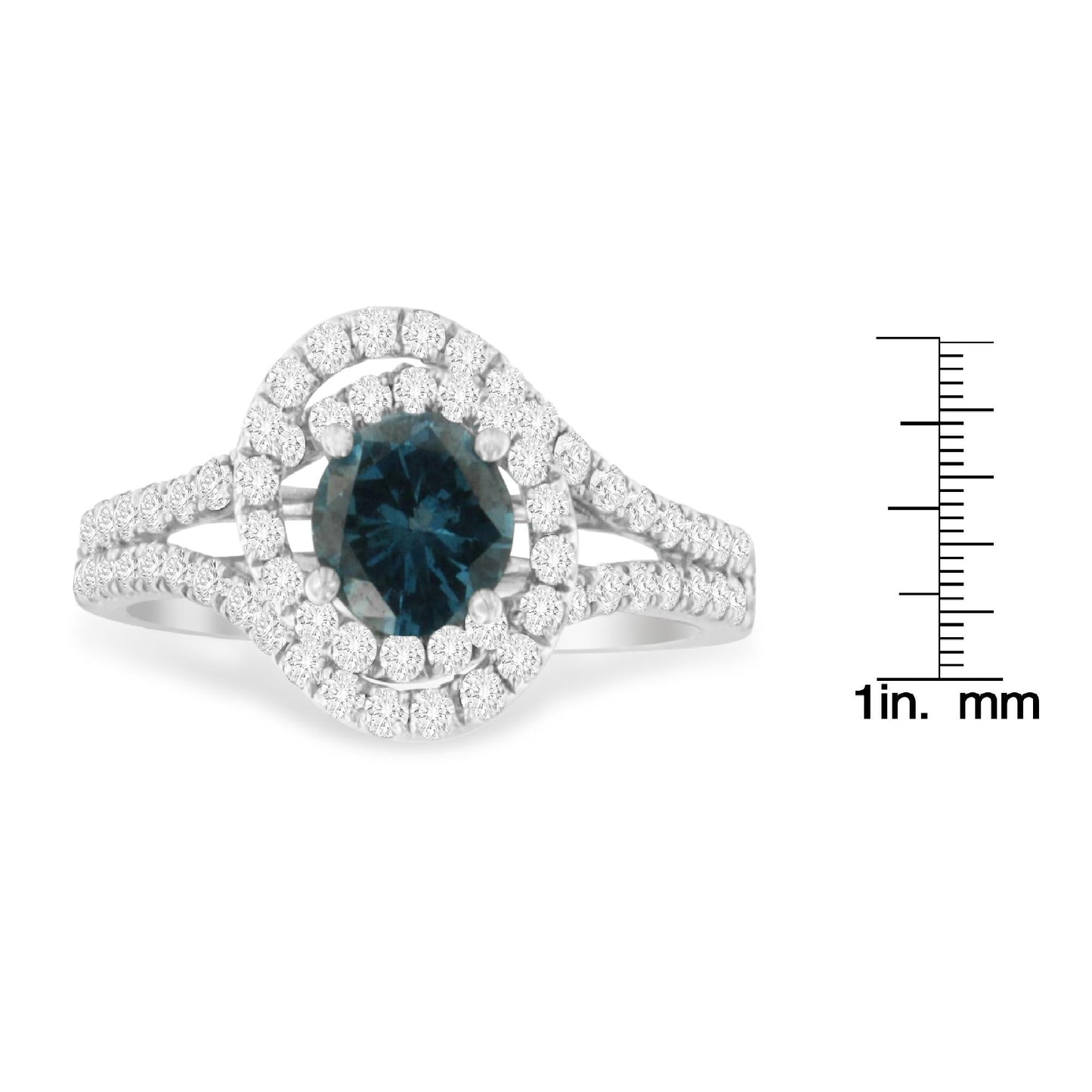 14K White Gold 1-1/3 Cttw White & Blue Diamond Interweaving Double Halo Cocktail Statement Ring (G-H and Fancy Blue Color, SI2-I1 Clarity)