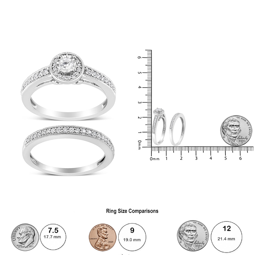 .925 Sterling Silver 1/2 Ctw Diamond Halo and Milgrain Engagement Ring Bridal Set (I-J Color, I3 Clarity)