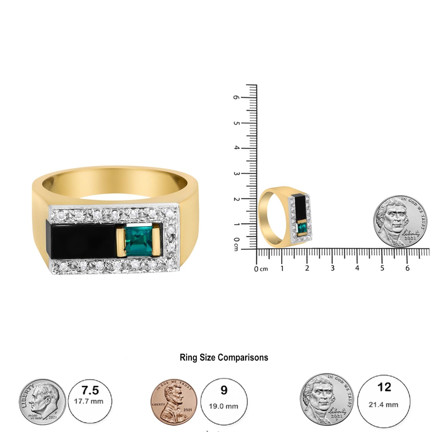 14K Yellow Gold 1/6 Cttw Round Diamond And Princess Emerald with Onyx Gemstone Gent's Band (H-I Color, I2 Clarity)