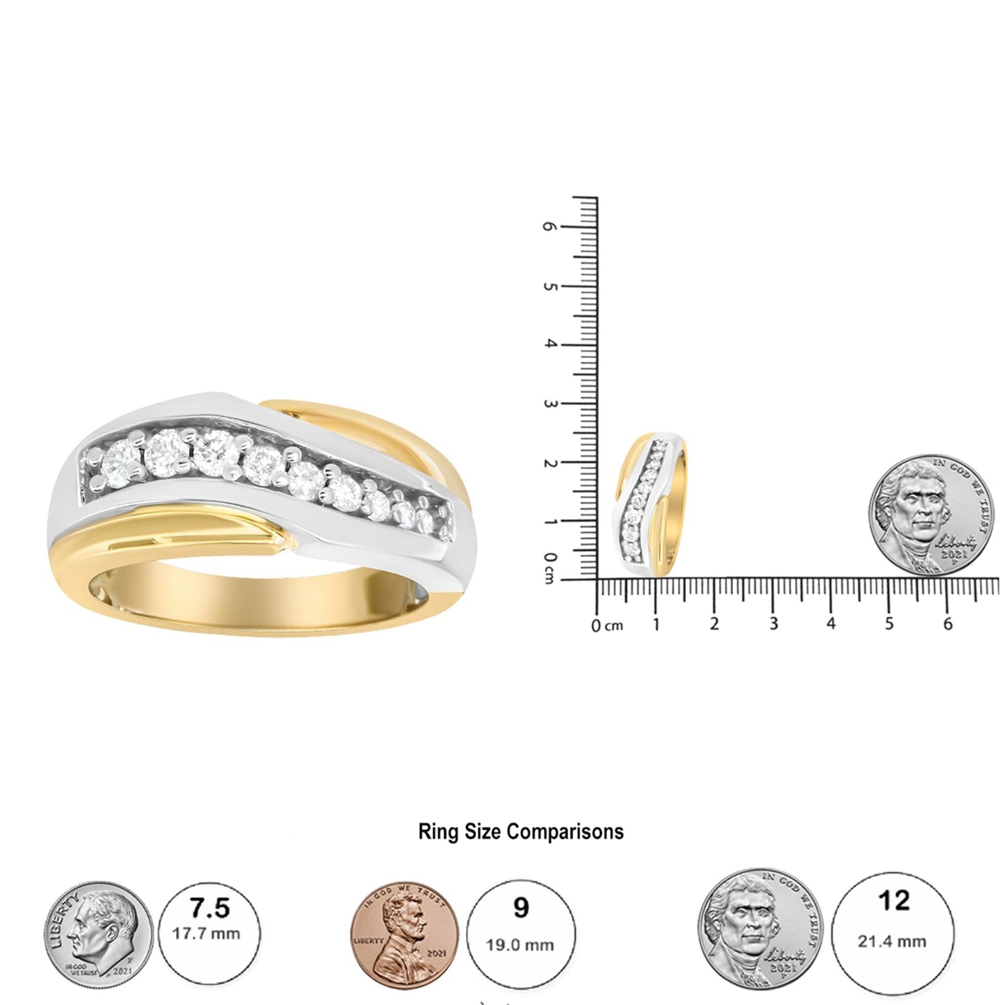 14K Yellow and White Gold 1/2 Cttw Round-Cut Diamond Classic Gent's Band (H-I Color, I1 Clarity) - Size 10