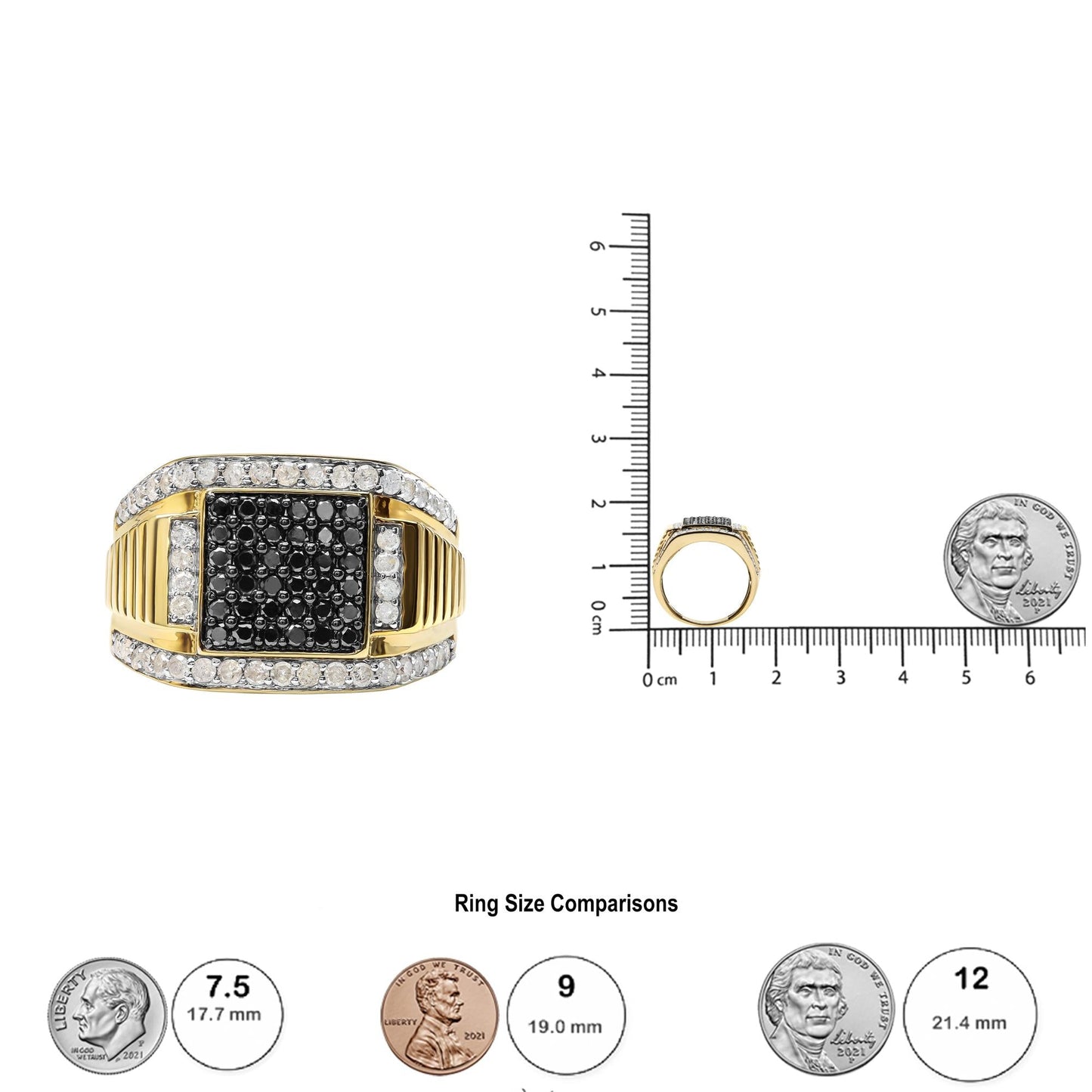 Men's 14K Yellow Gold Plated .925 Sterling Silver 1 1/2 Cttw White and Black Treated Diamond Cluster Ring (Black / I-J Color, I2-I3 Clarity)