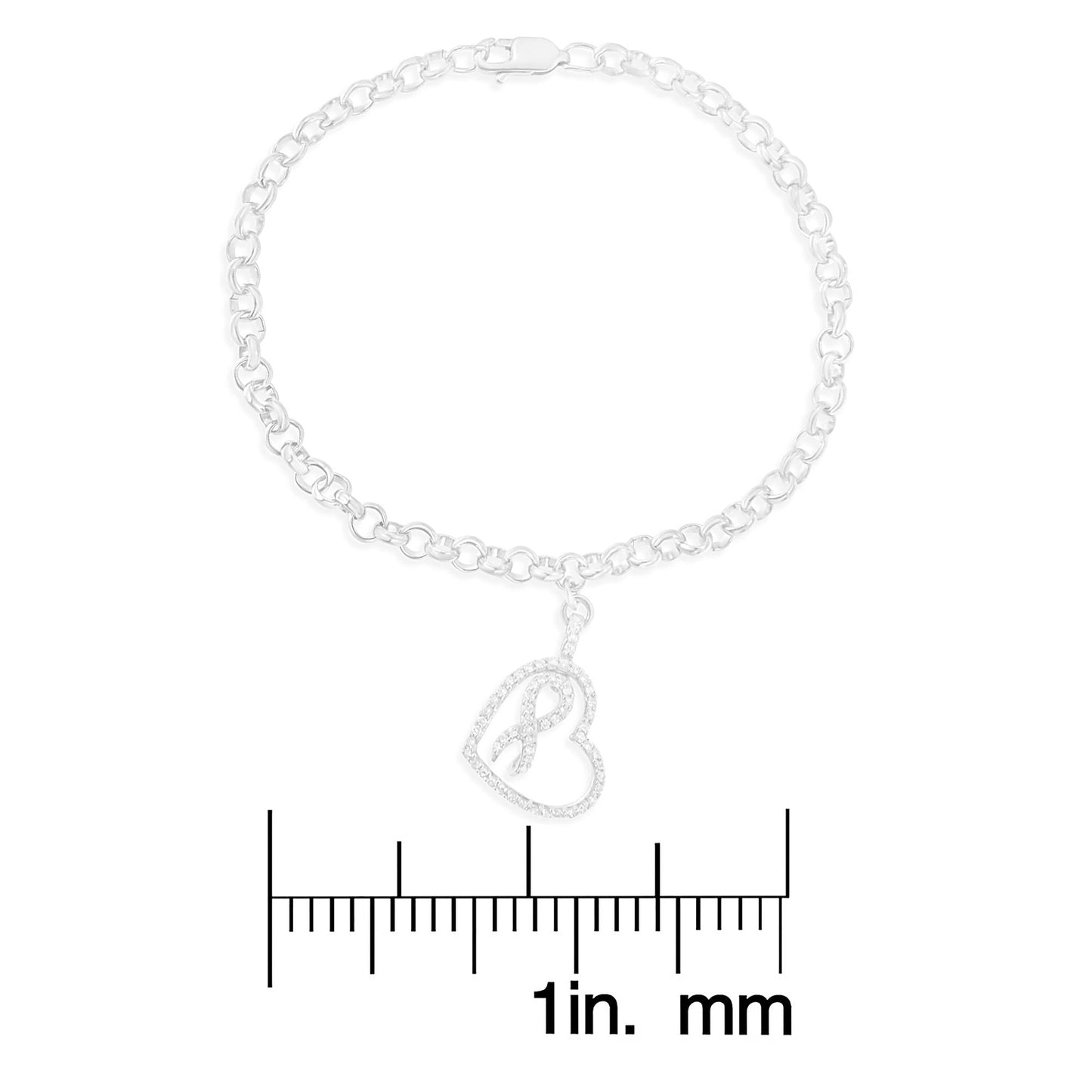 .925 Sterling Silver 1/4 Cttw Diamond-Accented Heart and Ribbon Charm 7" Link Chain Bracelet (H-I Color, I1-I2 Clarity)