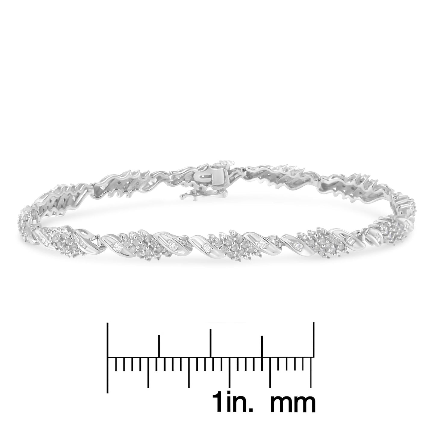 .925 Sterling Silver 1-1/2 Cttw Round and Baguette Cut Diamond Wave Link Bracelet (I-J Color, I2-I3 Clarity) - 7"