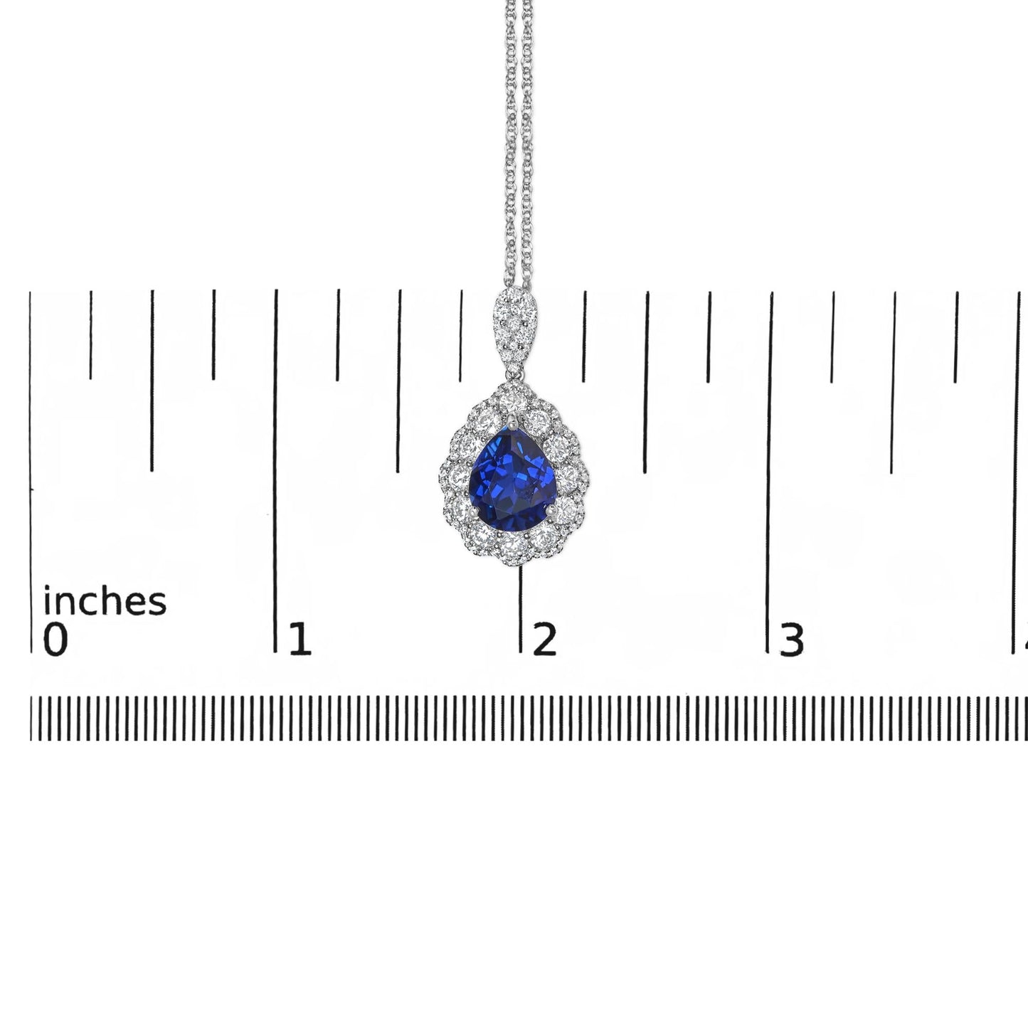 18K White Gold Recrystallized 9x7 MM Pear Shaped Blue Sapphire and 2 4/5 Cttw Diamond Halo and Bail 18" Inch Pendant Necklace (G-H Color, SI1-SI2 Clarity)