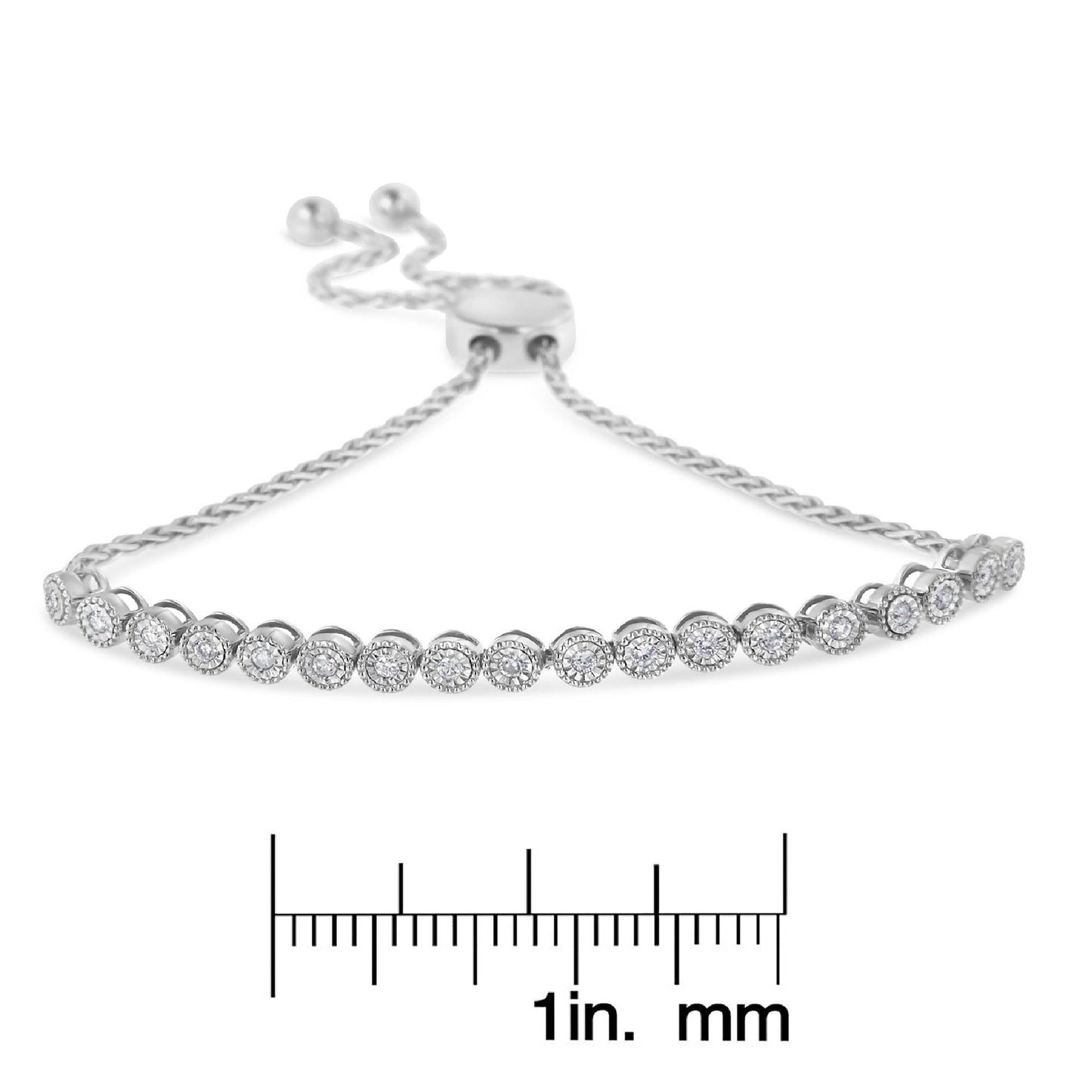 .925 Sterling Silver Miracle-Set Diamond Accented 6”-9” Adjustable Beaded Tennis Bolo Bracelet (H-I Color, I2-I3 Clarity)