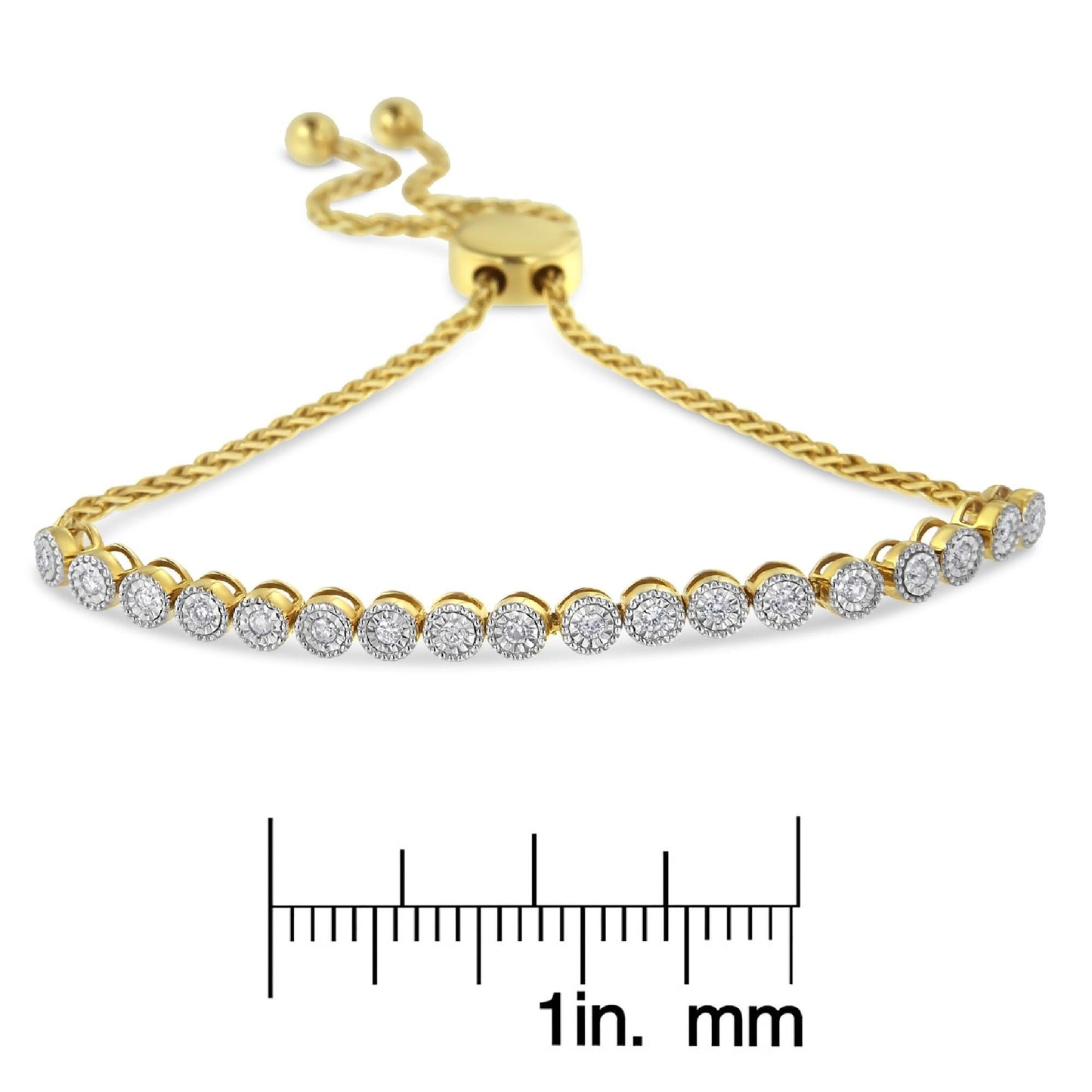 10K Yellow Gold over .925 Sterling Silver Miracle-Set Diamond Accented 6”-9” Adjustable Beaded Tennis Bolo Bracelet (H-I Color, I2-I3 Clarity)