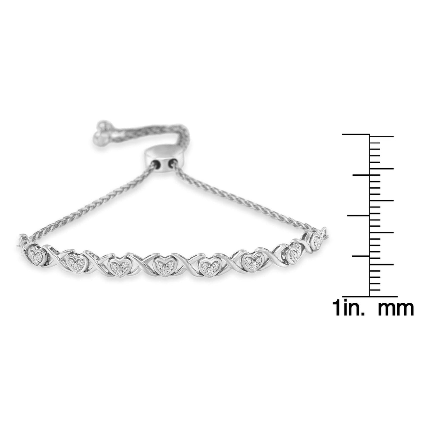 .925 Sterling Silver 1/10 Cttw Diamond Heart and X-Link 6”-9” Adjustable Bolo Bracelet (H-I Color, I2-I3 Clarity)